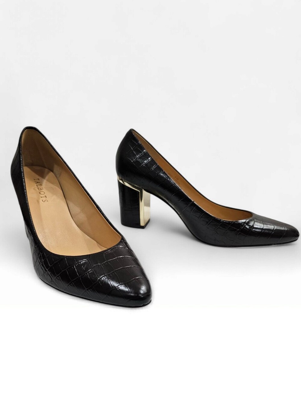 TALBOTS Deep Brown Croc Embossed Pointed Toe Block Heel Pumps 8M